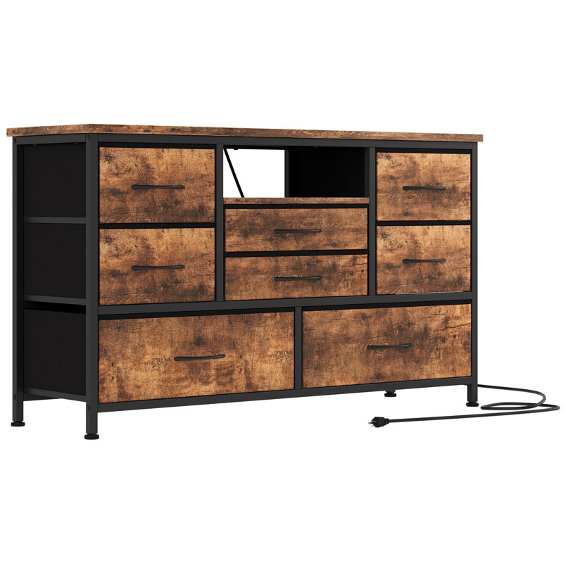 Meuble télé avec lumières à DEL et prises de courant intégrées pour téléviseur 55 po, commode en tissu 8 tiroirs, Brun