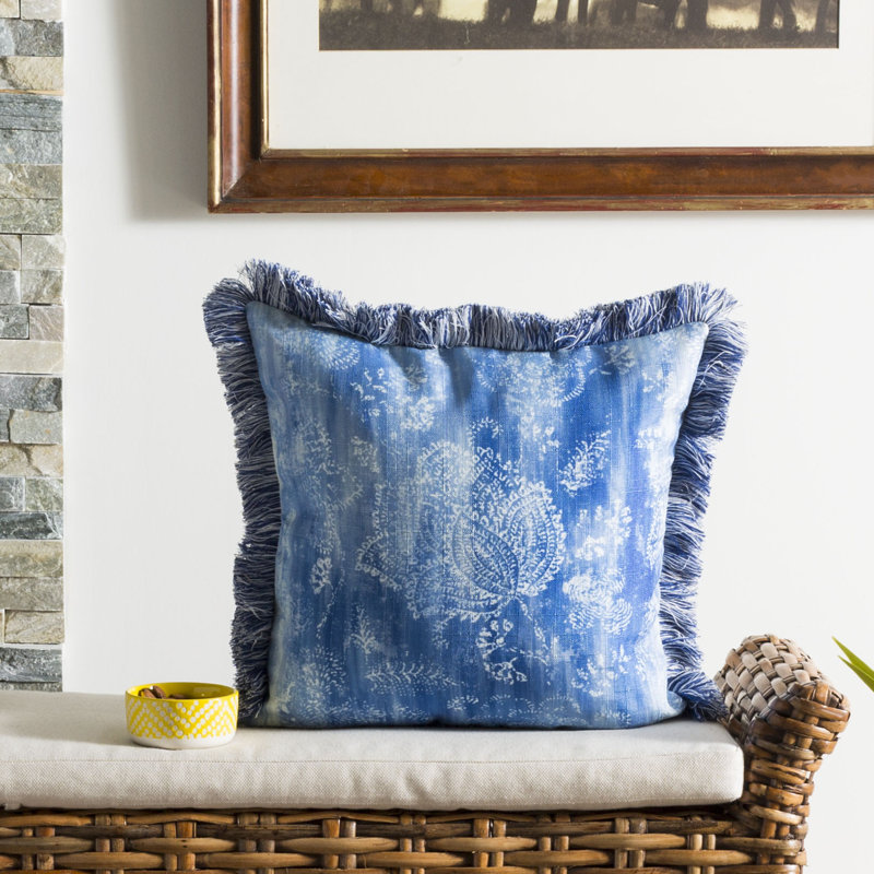 Blue Fringed 16" Square Throw Pillow
