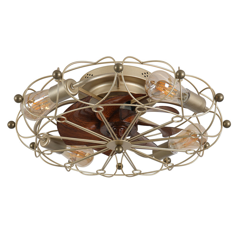 Low Profile Caged Ceiling Fan With Lights Remote Control, Embedded Modern Industrial Ceiling Fan, Gold