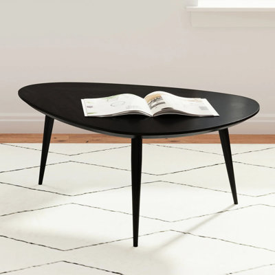 Triangular Solid Wood Coffee Table With Black Finish, Softly Rounded Edges And Splayed Legs Mango Table, Unique Handmade Work For Home
