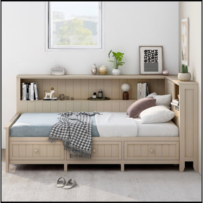 Lit de jour simple en bois avec tablettes de rangement et 3 tiroirs, lait blanc antique