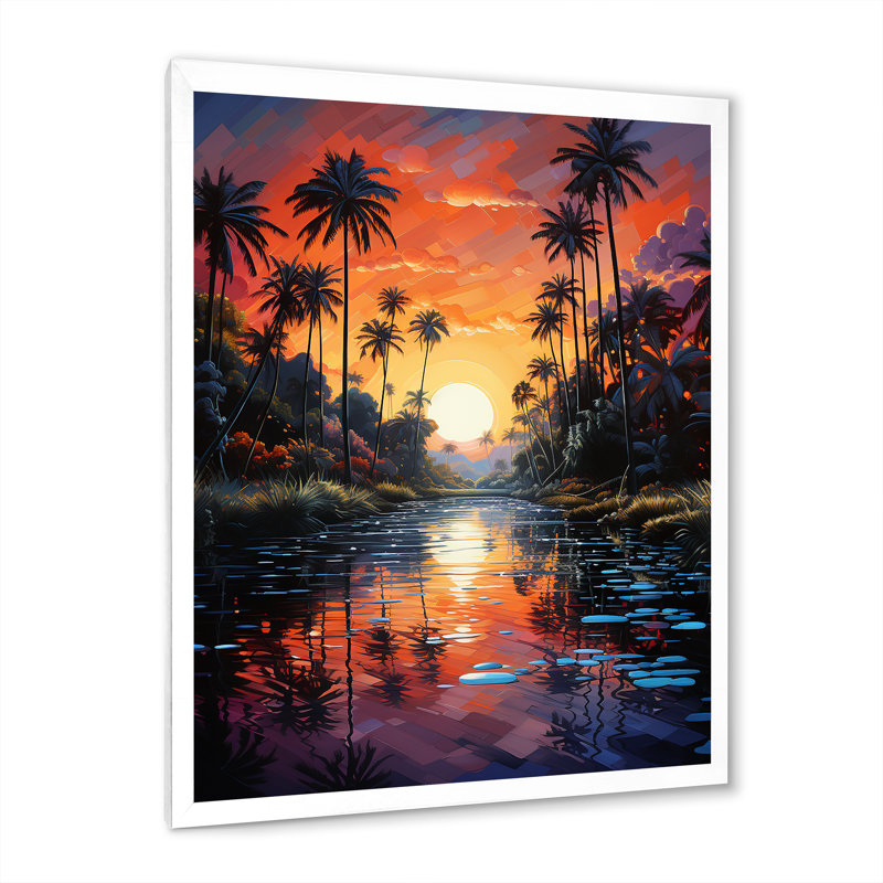 «Kleisthenes Orange Palm Trees Mosaic VII», reproduction d'art sur toile, H 32 po x l 16 po x P 1 po, Cadre photo blanc