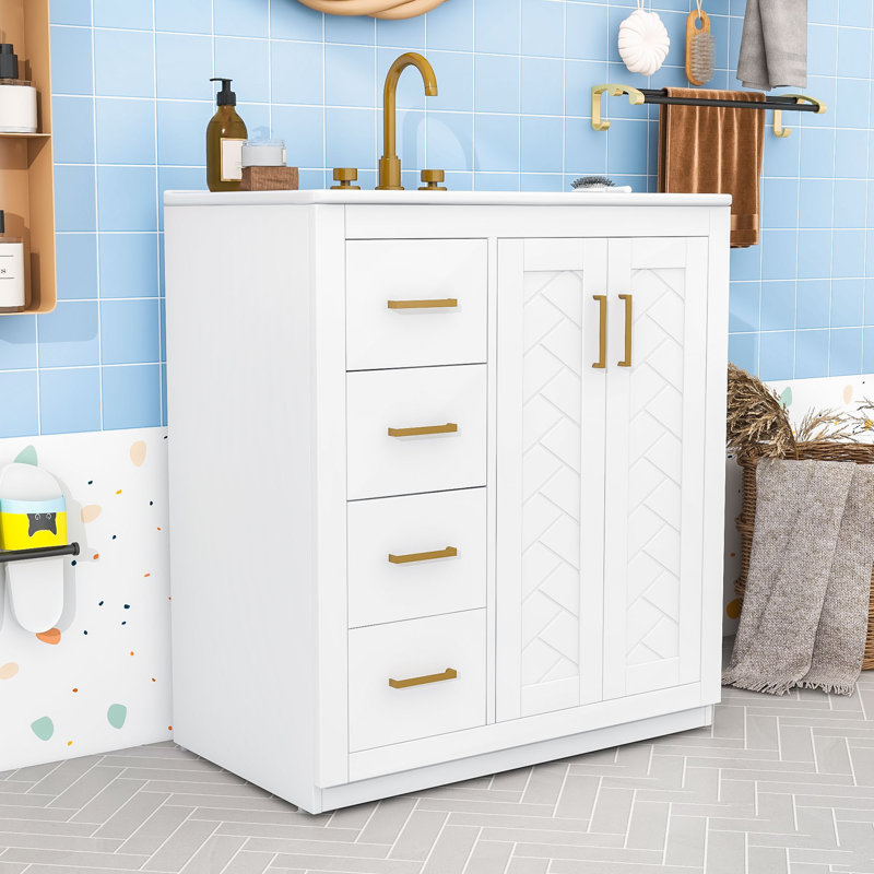 Meuble-lavabo 3 tiroirs avec lavabo en céramique et armoire à fermeture en douceur Modern, Blanc