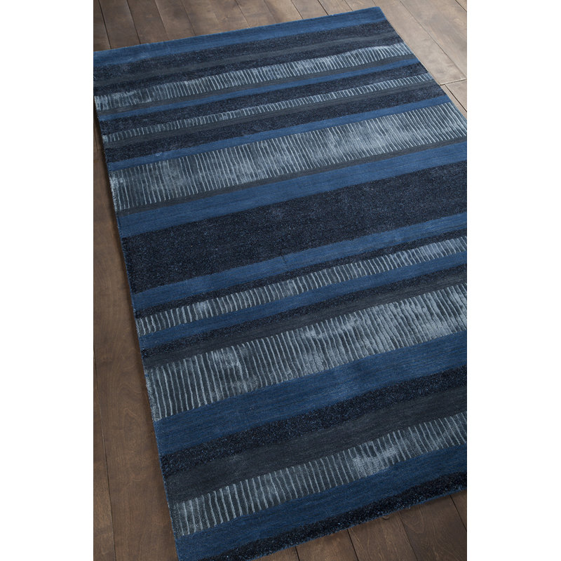 Youngquist Hand-Woven Blue/Gray Striped Polyester Rectangle Modern Area Rug, Rectangle 5' x 7'6"