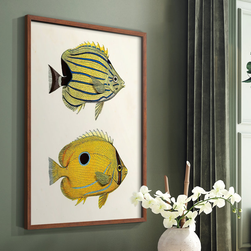 «Yellow & Gray Fish III», reproduction encadrée - bois massif, Brun, H 28 po x l 22 po