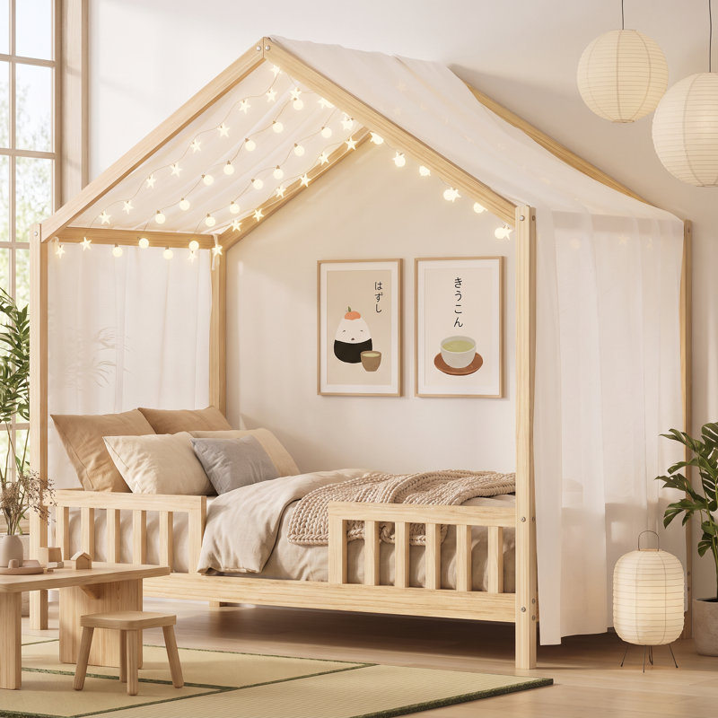 Lit simple pour enfant Montessori en bois massif avec toit à baldaquin et grands garde-corps doubles certifiés PCC, Naturel