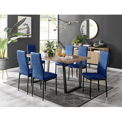 Kylooe Modern Sleigh Style Dining Table Set With 6 Luxury Quilted Velvet Dining Chairs