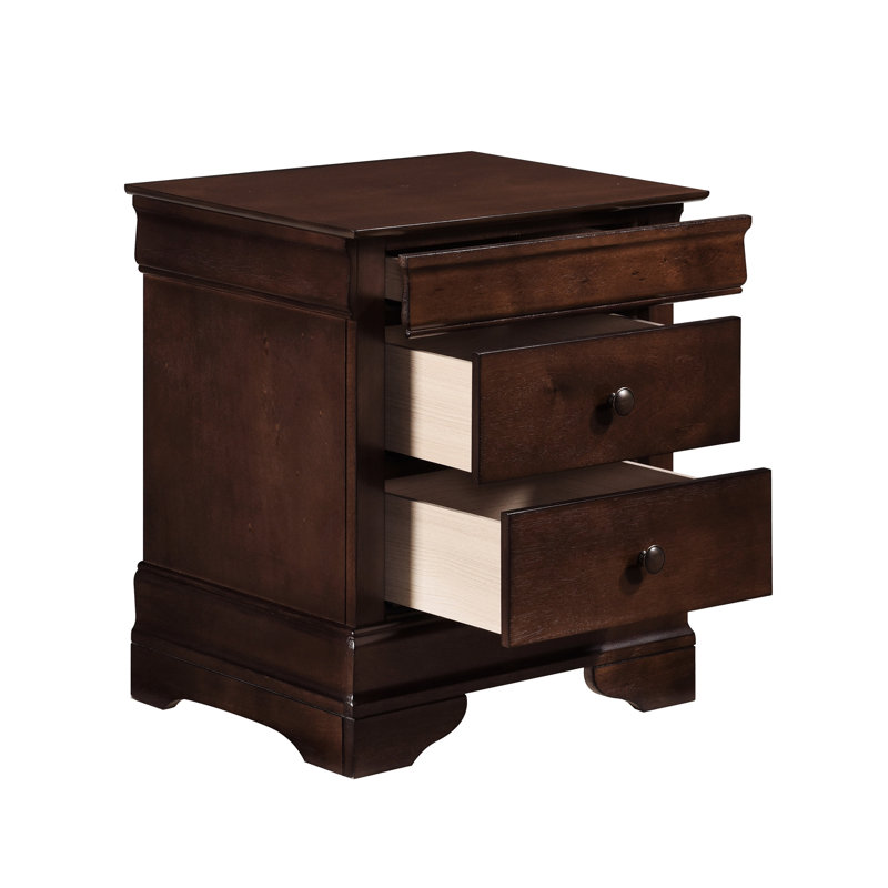 Bedroom Nightstand With 3 Drawers In Brown Cherry, Elegant Traditional Style Veneer And Dark Bronze Cherry