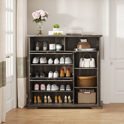 16 Pair Shoes Storage Cabinet, Entryway Shoe Cabinet with LED Light and Mirror