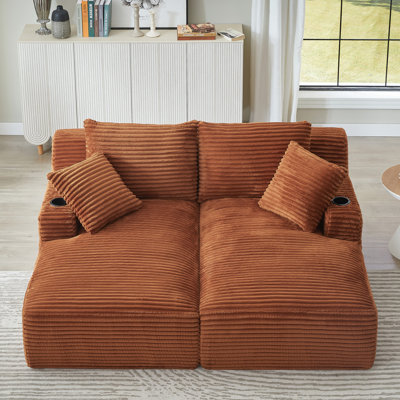 Compressible Orange Corduroy With Double Chaise Lounge And Cupholders, Spring Padding For Support In Bedroom Reading, Instant Use Relaxing Bedroom, No Assembly Required