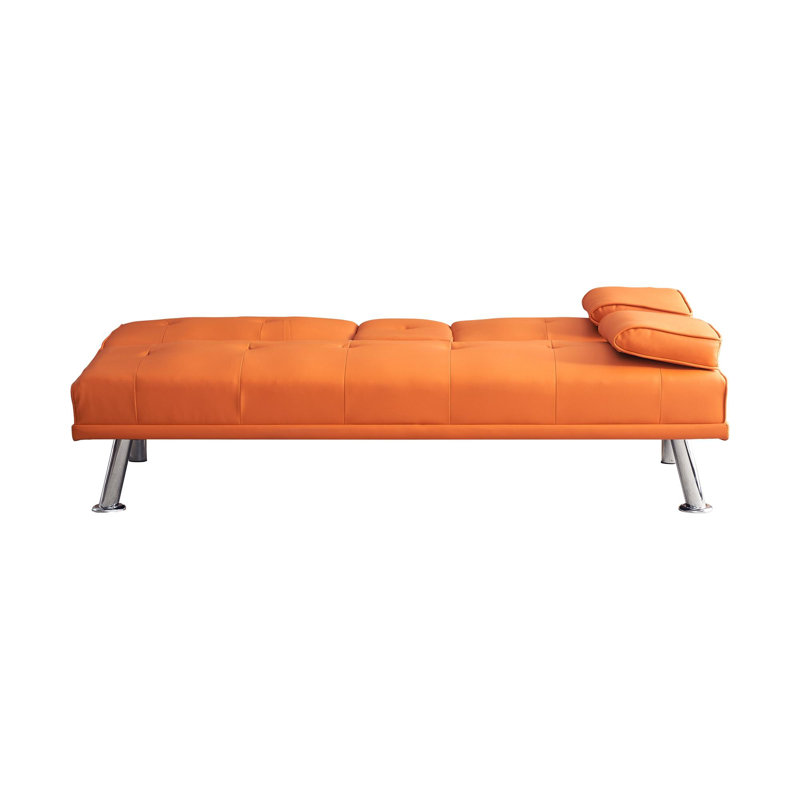 67" Orange Leather Office Sofa Bed, Double Fold, with Coffee Table, Multifunctional, Orange Leather