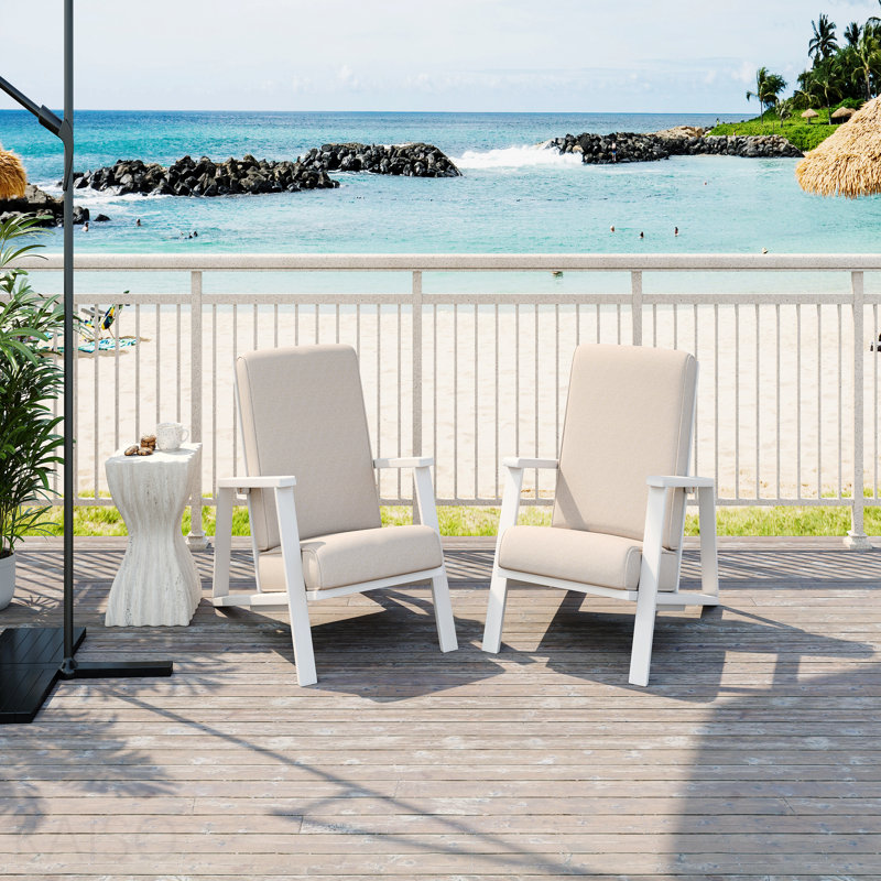 Ensemble de 2 chaises longues pour patio, fauteuil club d'extérieur avec coussin beige et structure en bois d'acacia blanc