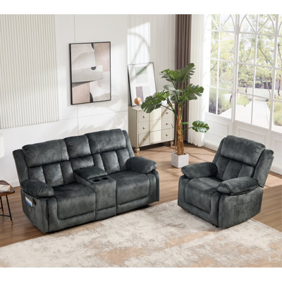 2-Piece Modern Soft Microfiber Manual Recline Living Room Set With Recliner & Loveseat With Console
