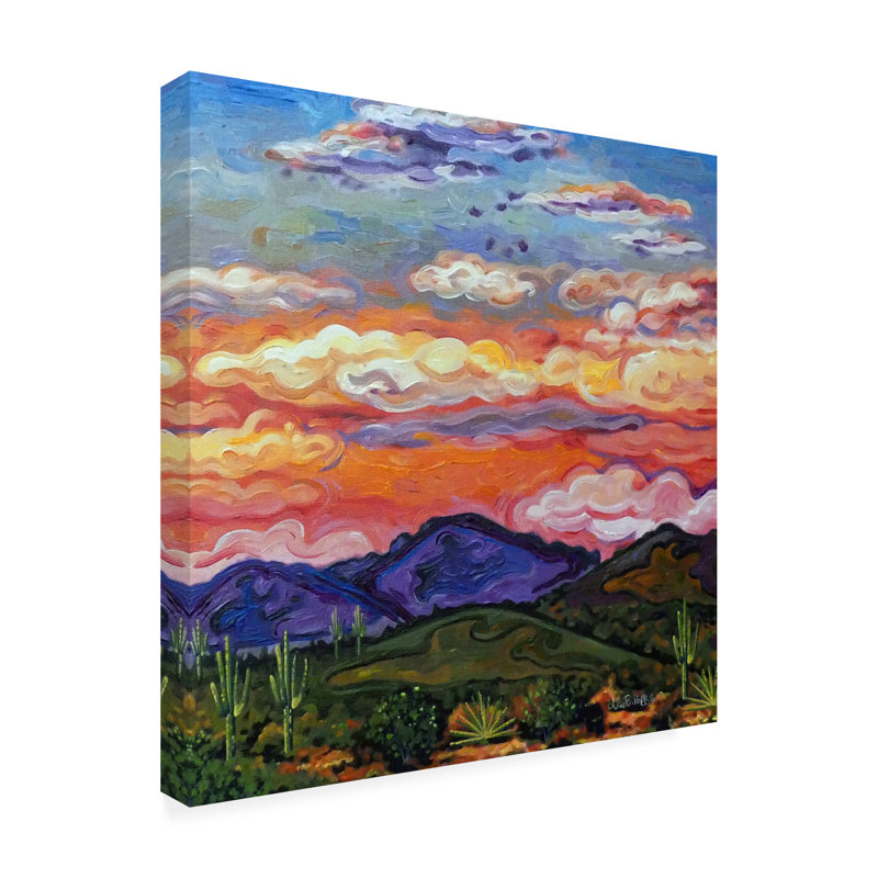 Art mural sur toile tendue - "Southwest Sunset Over Desert Landscape" par Julie Pace Hoff pour décoration de salon, de chambre à coucher ou de bureau - 14 x 14