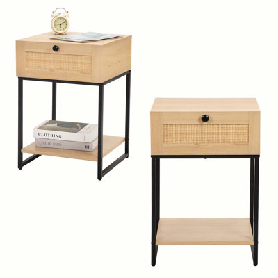 Ensemble de table de chevet à tiroir simple en rotin - grain de bois original