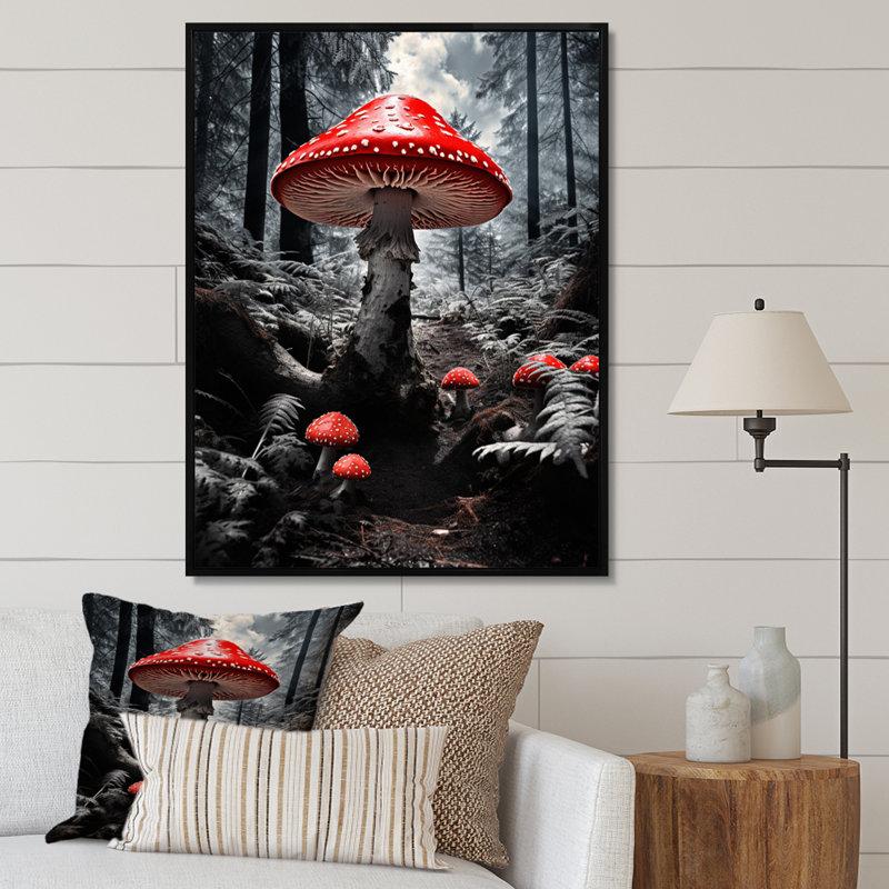 «Red and Grey Mushroom Serenity II», reproduction sur toile, H 20 po x l 12 po x P 1 po, Cadre flottant noir