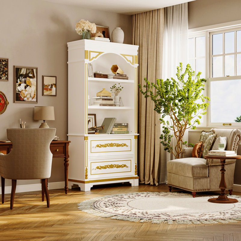 76'' H X 37" Bookcase With Glass Shelves, Touch LED Lighting & Gold Accent Trim