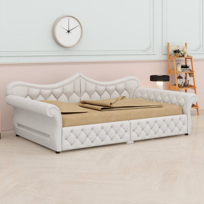 Elegant Upholstered Daybed Frame with LED Lights and Classic Nailhead Decoration
