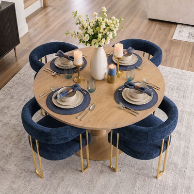 Ensemble de table et de chaises pour 4 personnes avec table ronde et 4 fauteuils rembourrés en chenille