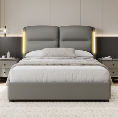 Upholstered Queen Size Hydraulic Platform Bed With Lift Up Storage And Sensor LED Lights,PU Leather Bed Frame No Box Spring Needed, Gray