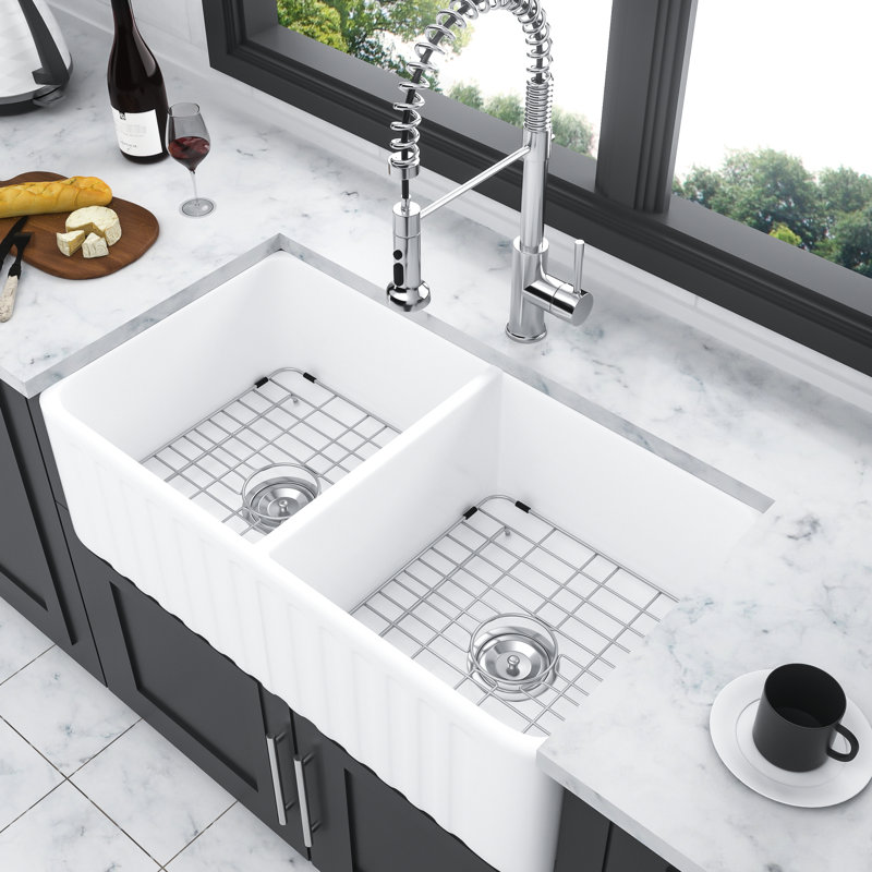 White Ceramic Kitchen Sink 33 Inch - Double Bowl 50/50 Robust Durability, Heat Resistance, Scratch Chip Color Stability, Gorgeous Style Farm And , Retention, Elegant Outlook