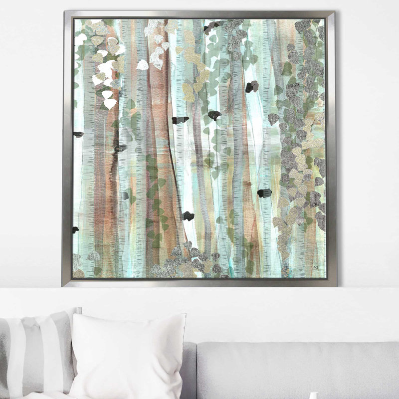 «Spring Birch Meadow II» par Susan Jill - Peinture, H 27,5 po x l 27,5 po x P 2 po, Cadre flottant argent