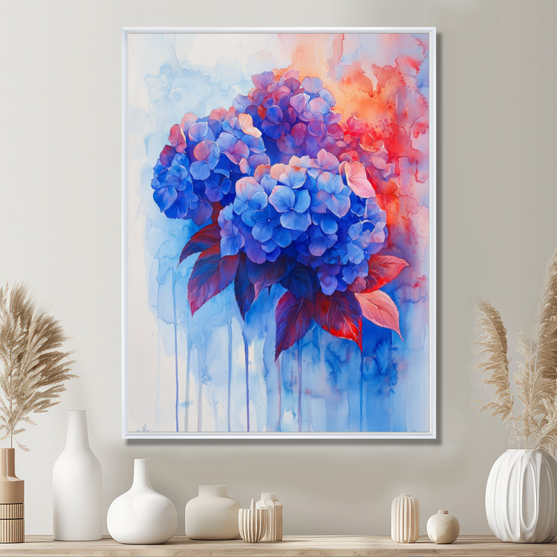 Hydrangées bleues et rouges dans un style graffiti, Hortensia I - hydrangées, art mural, H 44 po x l 34 po, Blanc