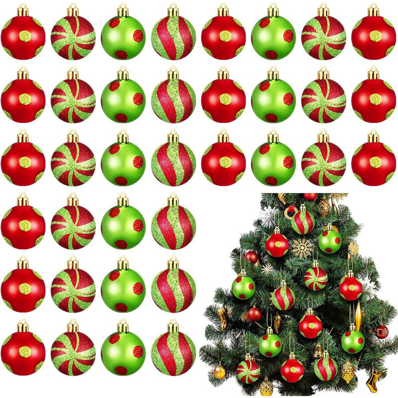 54 mini décorations de boules de Noël - 1,18 po - Décorations suspendues incassables à rayures rouges et vert lime pour arbre de Noël et fête des Fêtes