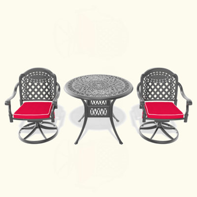 Cet ensemble de salle à manger en fonte d'aluminium toutes saisons comprend des chaises pivotantes et une table ronde avec cadre noir