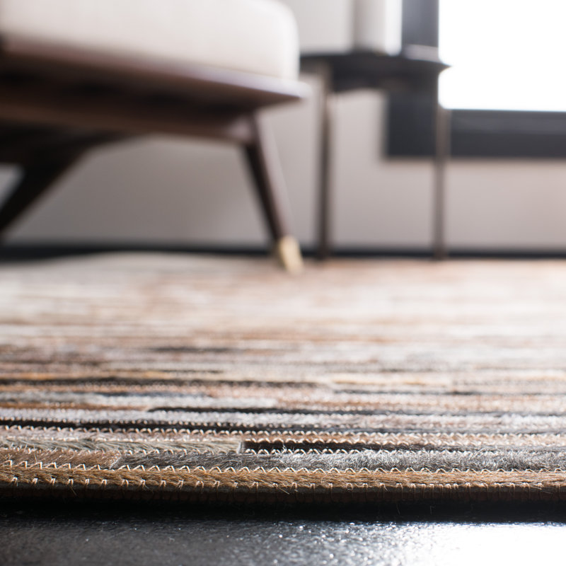 Tapis abstrait ivoire / brun en cuir feutré tissé à la main Seavey, Carré 6 pi
