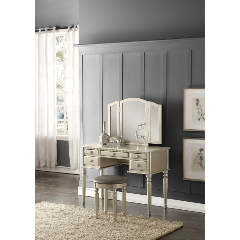 Contemporary Bedroom Vanity W/ Foldable Mirror - Silver, Stool, 5 Drawers, Construction Classic Silver Finish, Mirror, Padded Solid Wood,  Wood Tone