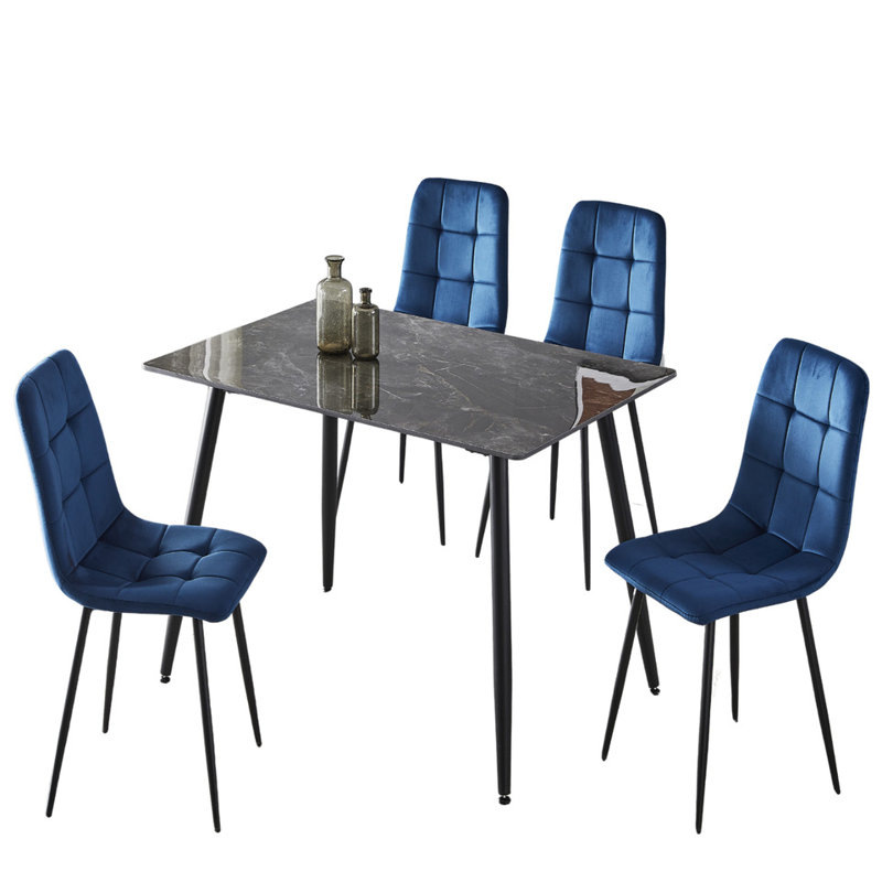 Fulshear 4 - Person Dining Set, 89"H x 128"L x 8"W, Navy Blue/Black, White