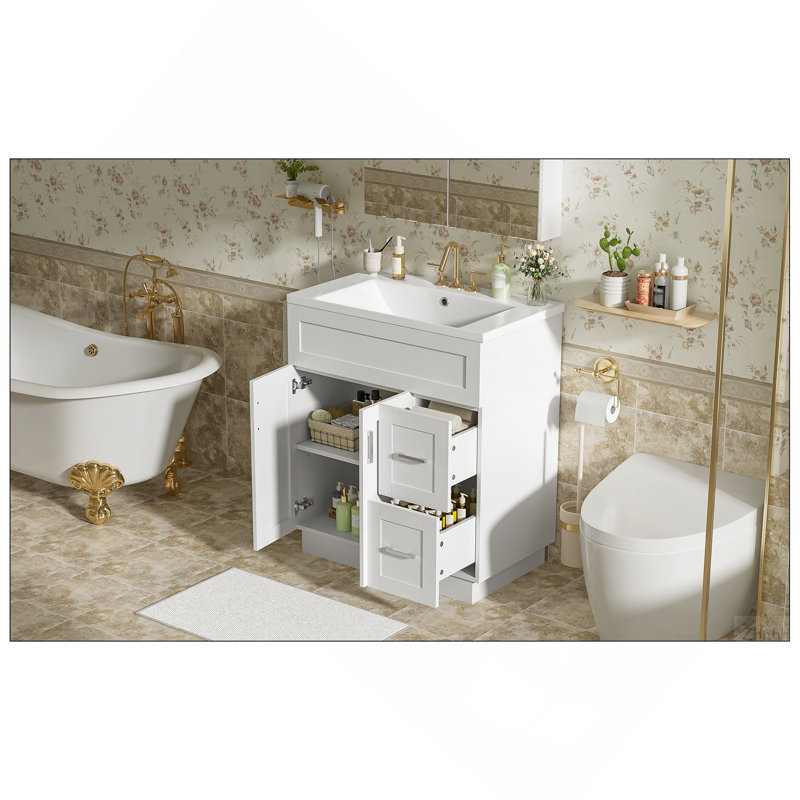[Vidéo] Meuble-lavabo de 30 pouces avec 2 portes, 2 tiroirs, tablette réglable, glissières cachées pour les tiroirs et charnières pour portes