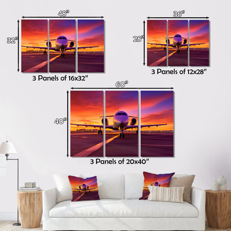 Avion au coucher du soleil I sur toile, reproduction de 3 pièces, H 28 po x l 36 po x P 1 po
