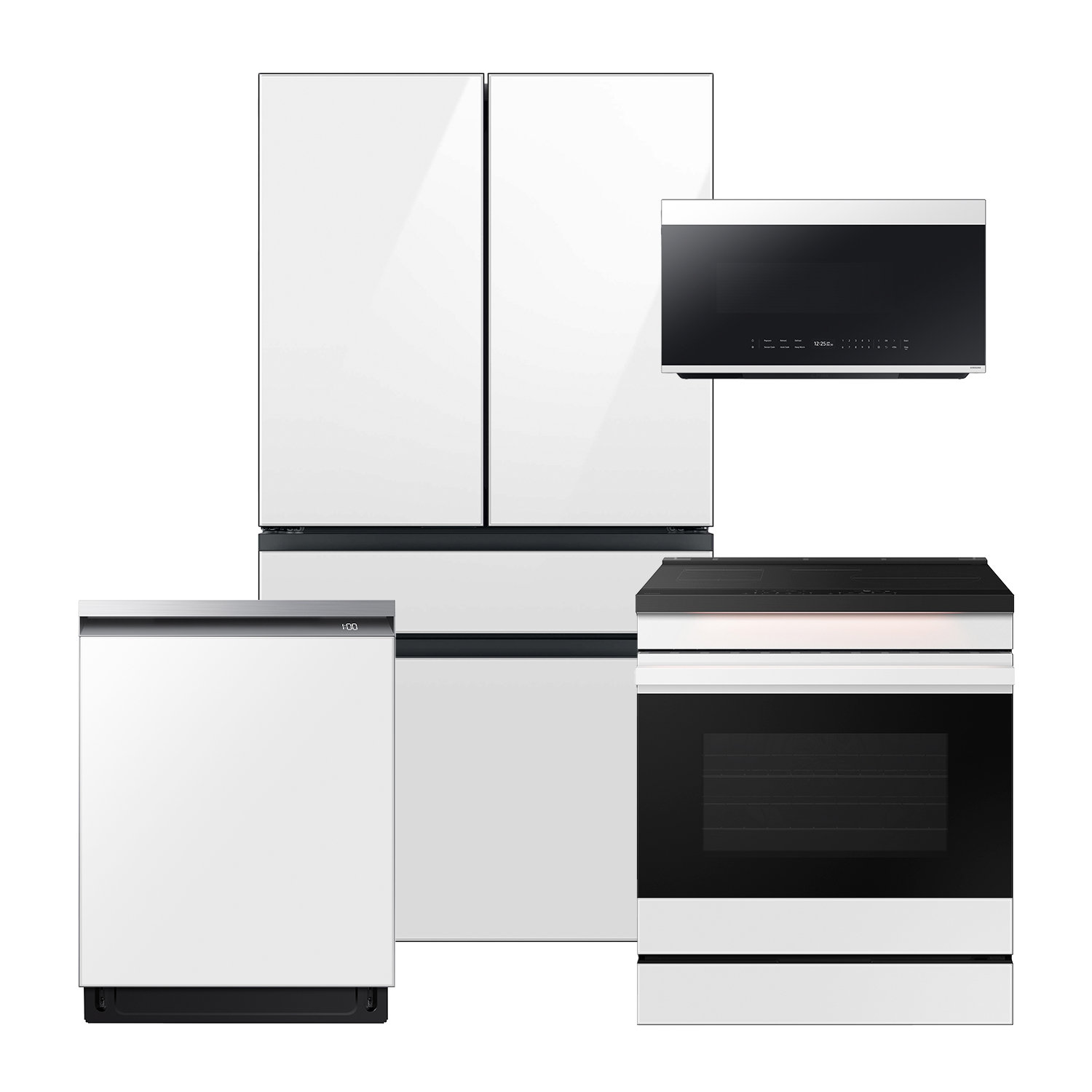 Samsung Bespoke White Glass Kitchen Package with 29 cu. ft. 4-Door French Door Refrigerator with Beverage Center and Electric Range