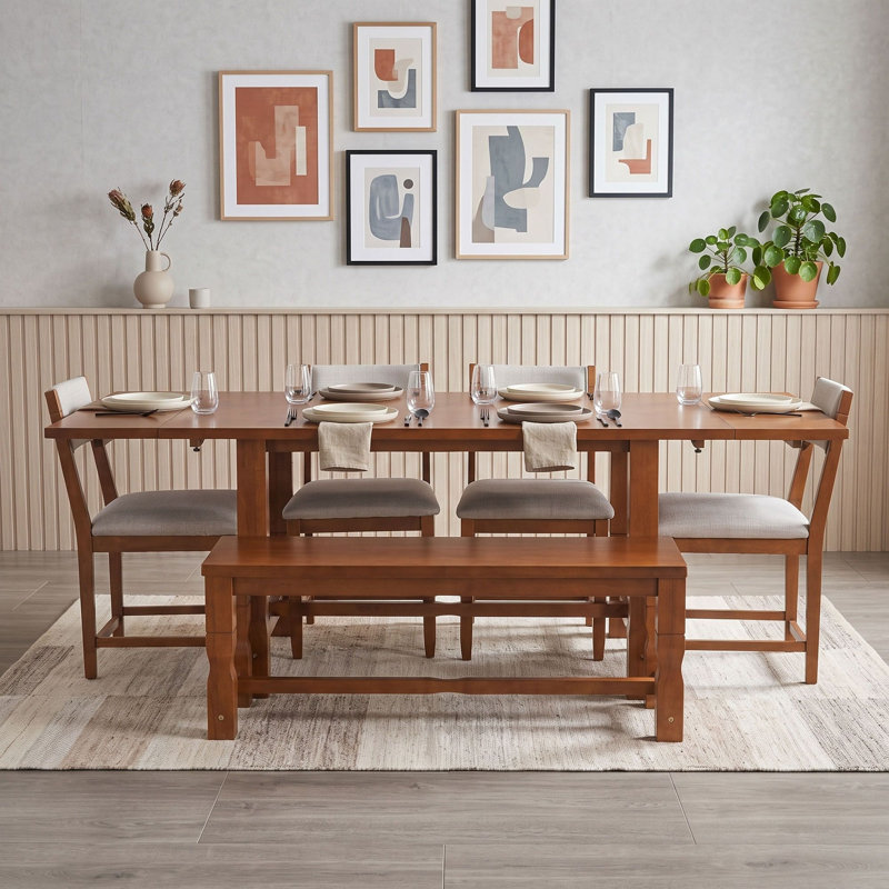 Ensemble de table à manger extensible 6 pièces avec rallonges amovibles, traverses renforcées et pieds en bois d'hévéa, Brun