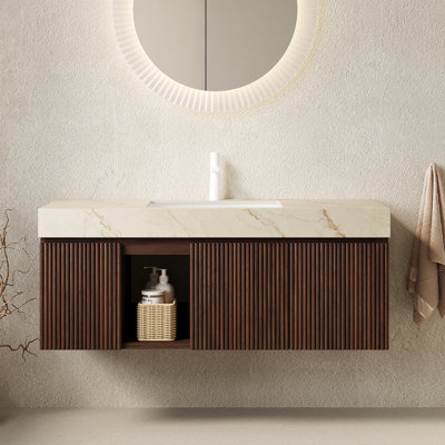 Meuble-lavabo de salle de bain 122 cm (48 po) avec lavabo suspendu, comptoir en pierre frittée couleur crème veinée or et lavabo en céramique avec 1 trou pré-percé pour robinetterie, démonté, robinetterie et bonde non incluses.