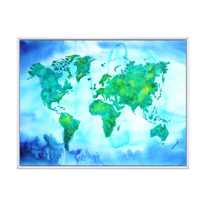 «World Map Blue Green Tone III», reproduction sur toile flottante, H 12 po x l 20 po x P 1 po, Cadre flottant blanc