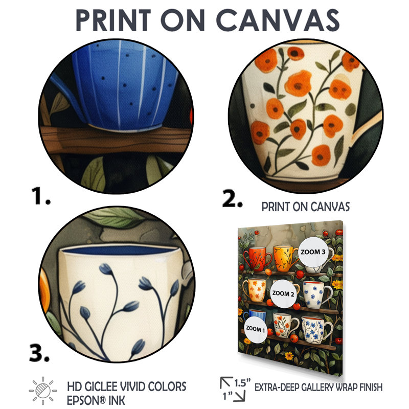«Red Blue Boho Morning Coffee Cups III», impression d'art mural café, H 34 po x l 44 po, Toile tendue