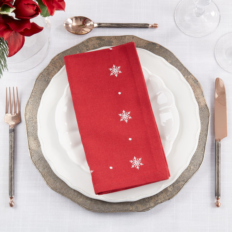 Red Cotton Winter Snowflake Embroidered Napkins (Set of 4)