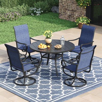 Outdoor Patio Dining Set - 41.7†Round Table with Umbrella Hole & Storage Shelf + 4 Swivel Chairs by Red Barrel Studio