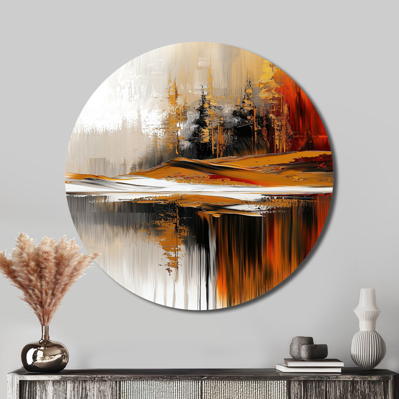 Abstrait forêt d'automne à l'horizon éthéré I - Art mural rond en métal abstrait, H 23 po x l 23 po