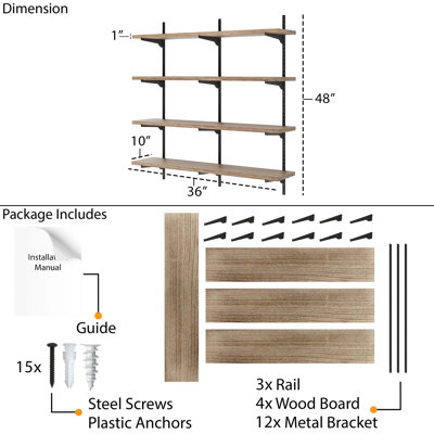 Longue bibliothèque flottante de 36 po avec support réglable, tablettes de salon, tablettes suspendues pour mur, tablettes en bois véritable, décor rustique et maison de campagne, 4 niveaux, planche brûlée et support noir