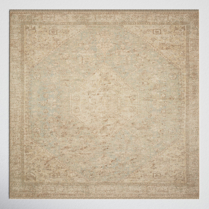 Tapis oriental tissé à la main à motif océanique / ivoire Jacarra, Carré 1 pi 6 po