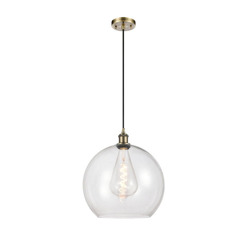 Luminaire suspendu en forme de globe à 1 lumière Hamida, H 18,38 po x l 13,75 po x P 13,75 po, Transparent, Laiton antique