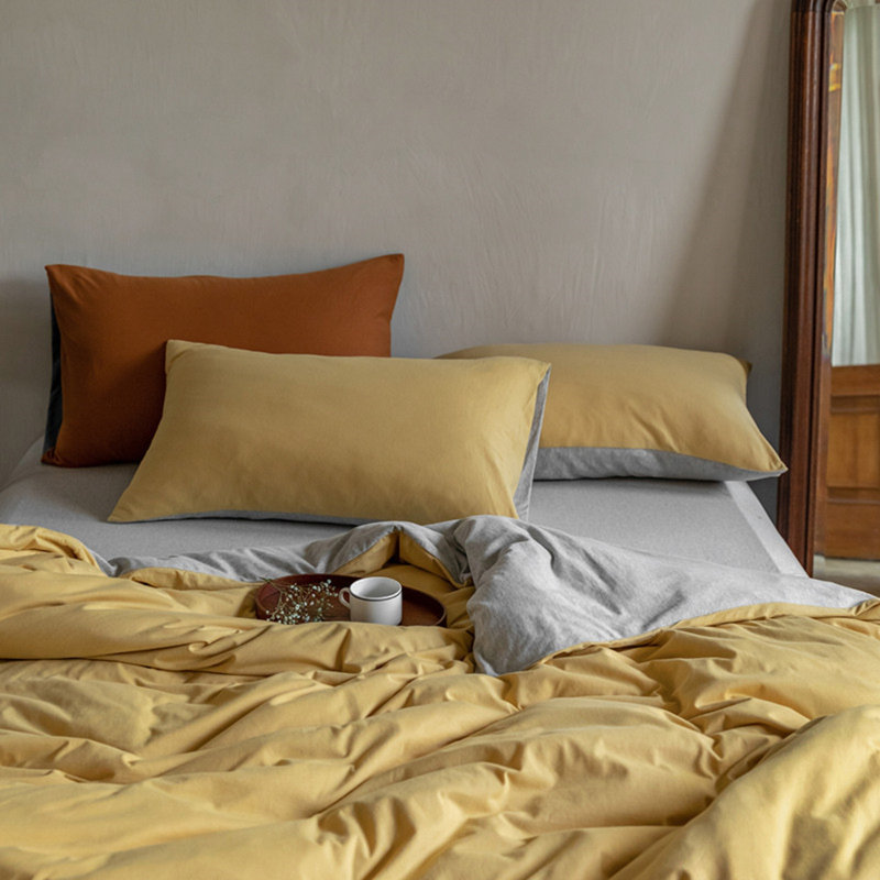 Ensemble de housse de couette 3 pièces en maille 100 % coton uni, Queen, Mustard Yellow / Grey