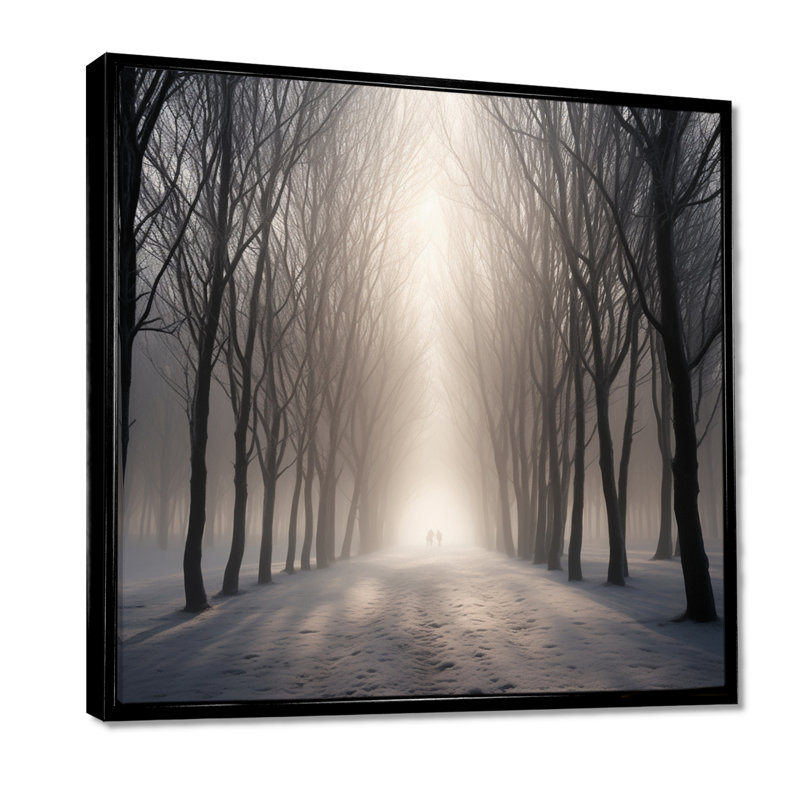 Misty Sunshine Foggy Forest Road - décoration murale arbre séquoia, Cadre flottant noir, bois massif, H 16 po x l 16 po