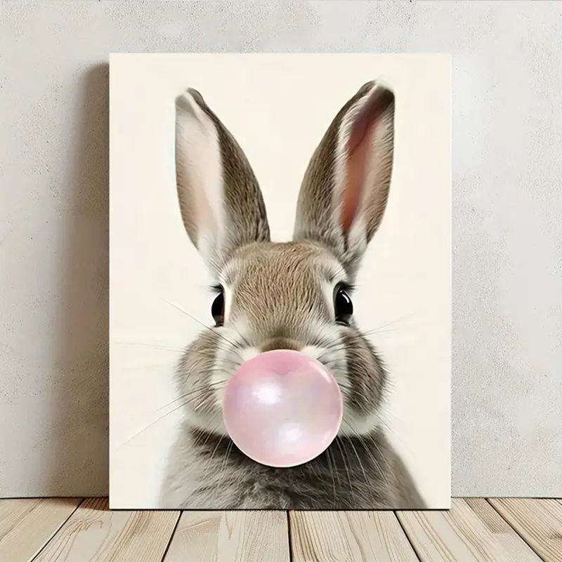 90*60 1Pc Whimsical Bubble-Blowing Rabbit Framed Canvas Print - High-Quality, Wooden Frame, Ready To Hang - Ideal For Easter & Home Decor - For Living Room, Bedroom, Office, Kitchen-Wrapped Canvas