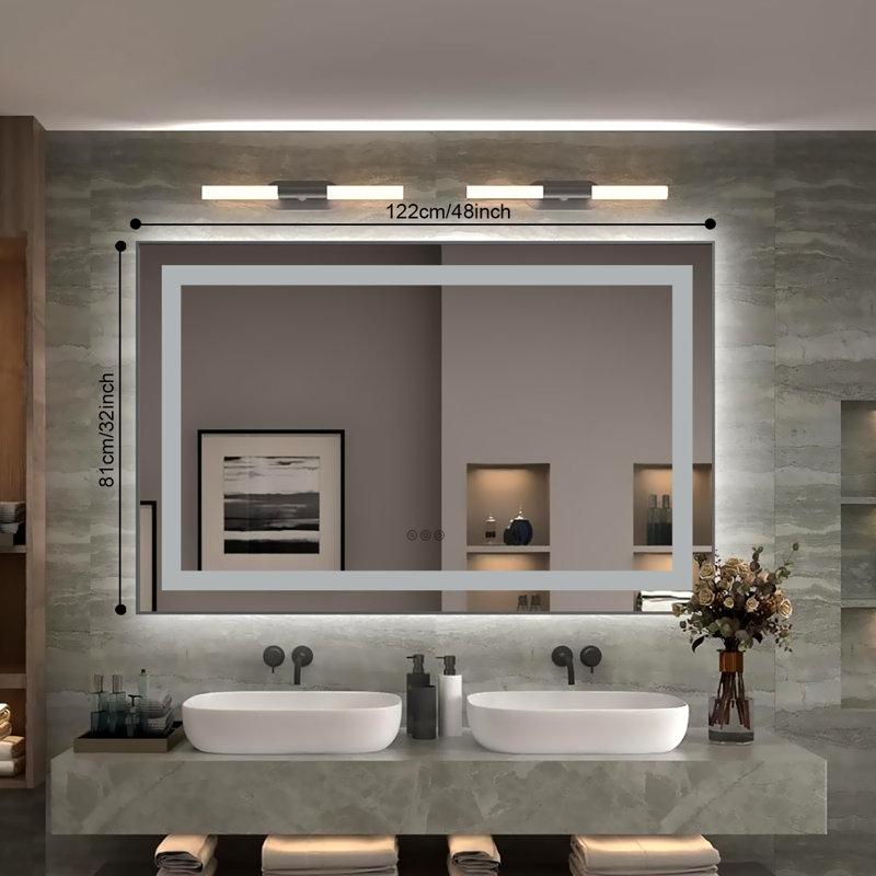 Miroir de meuble-lavabo avant et rétroéclairé à cadre en aluminium, antibuée / gradation continue / réglable en 3 couleurs