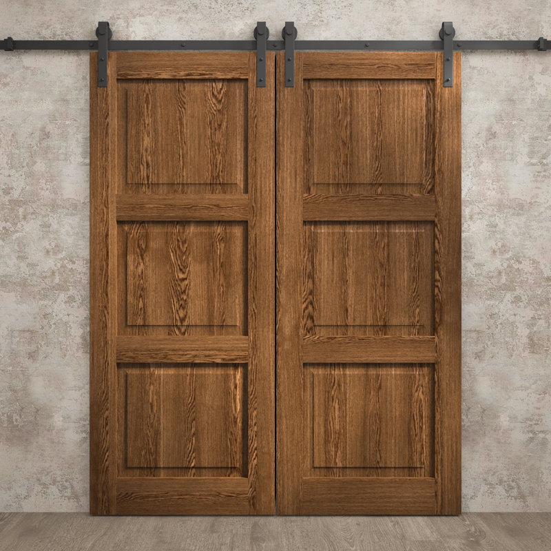 Porte de grange double moderne | Ego 5010 | Ensemble de rail | Portes intérieures solides, 72 po x 84 po, Chêne cognac